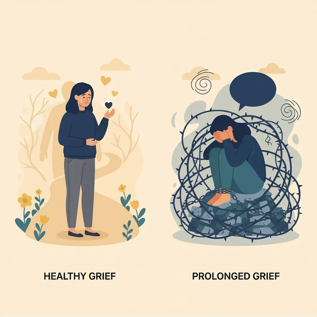 Missing Ex Breakup Science Image 06 Comparison showing healthy grief progression versus prolonged grief disorder warning signs