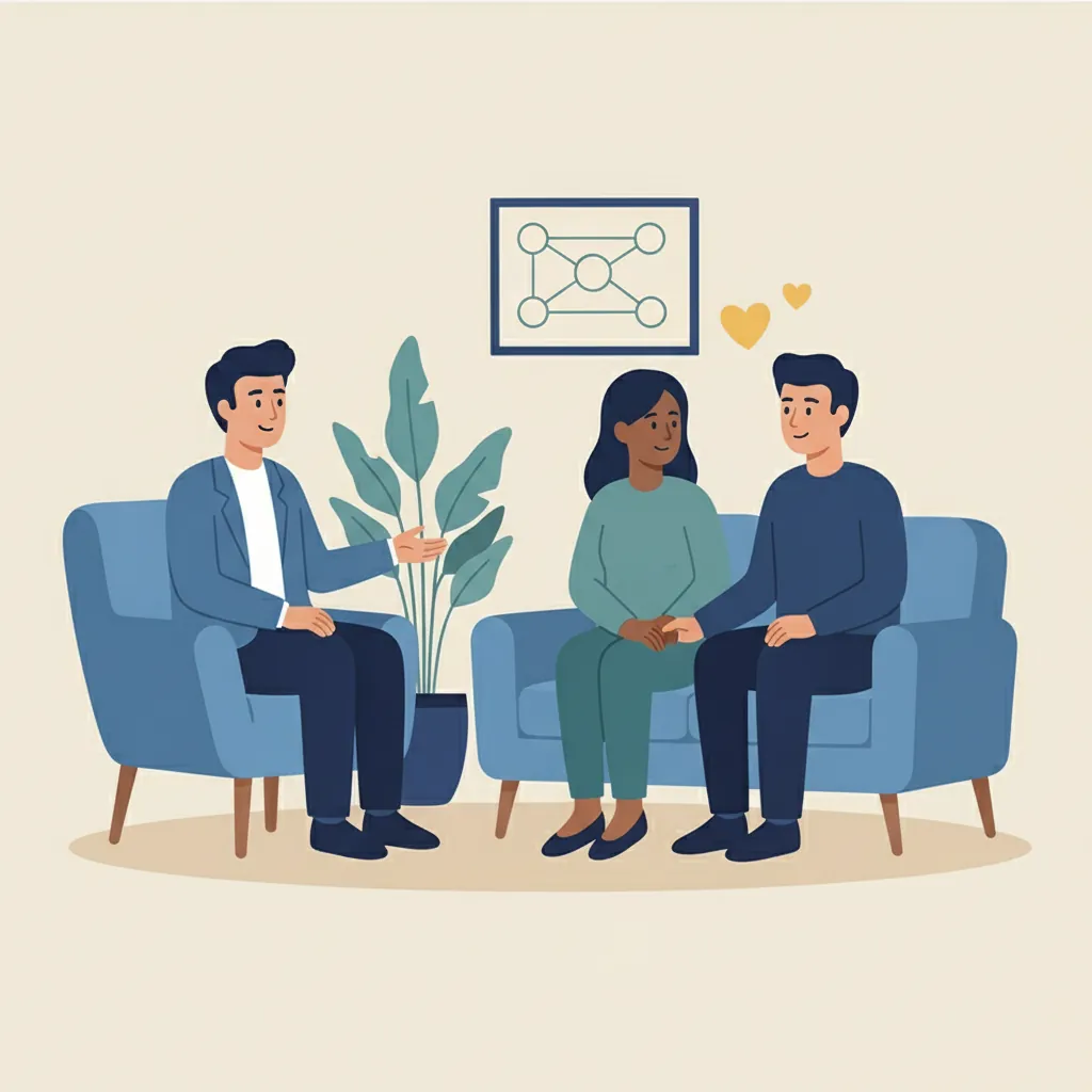 Couple in therapy session with therapist facilitating open communication