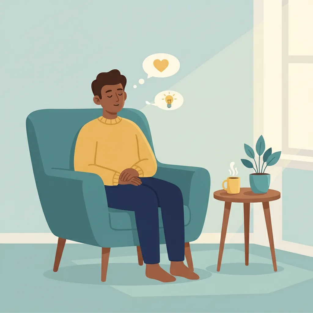 Individual in calm therapeutic setting showing self-support and reflection