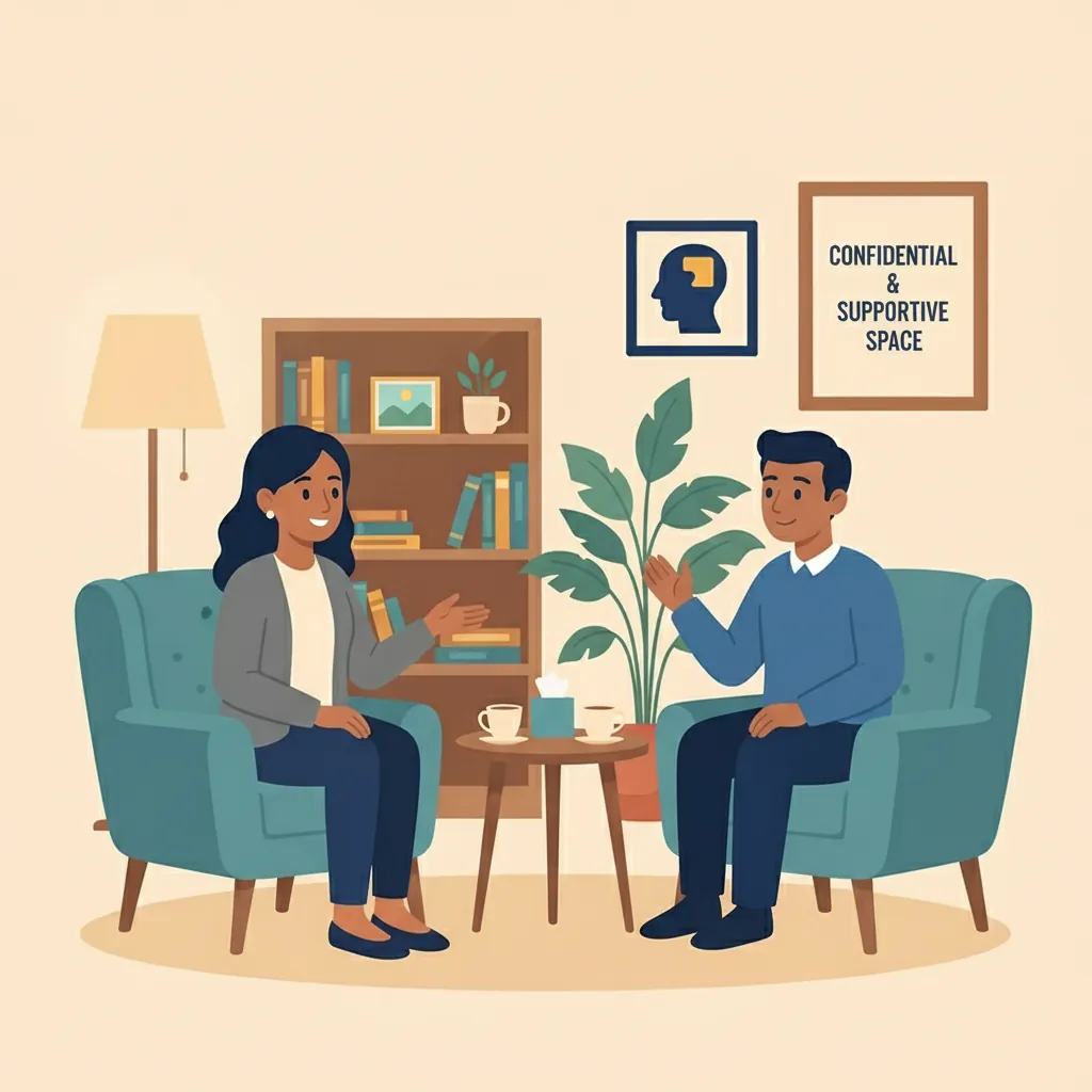 Professional UK therapy environment showing supportive counselling setting