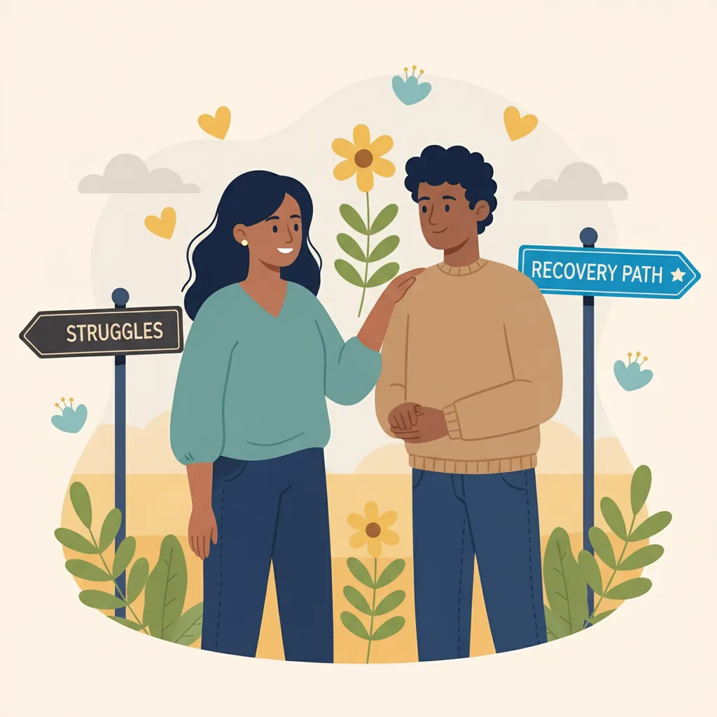 Couple reconnecting with hopeful imagery showing recovery journey