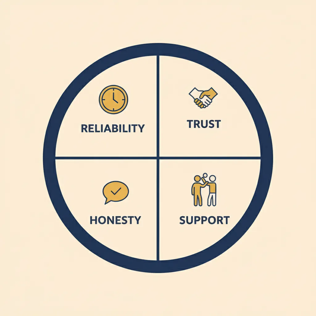 What Is True Friendship Image 03 Wheel diagram showing core characteristics of true friendship including trust, support, honesty, and reliability