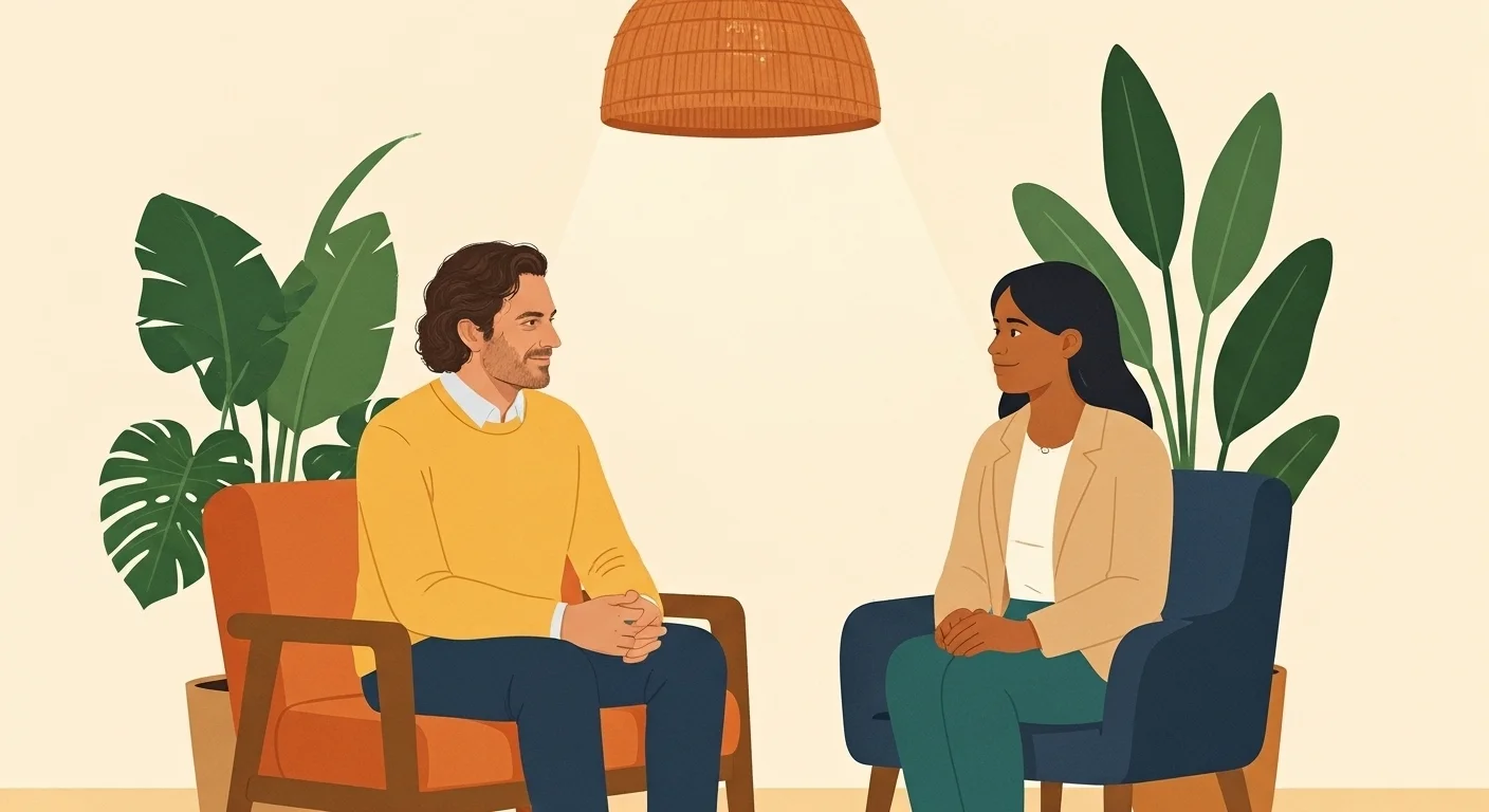 Illustration of a therapy session with two people sitting in comfortable chairs in a calming room with plants