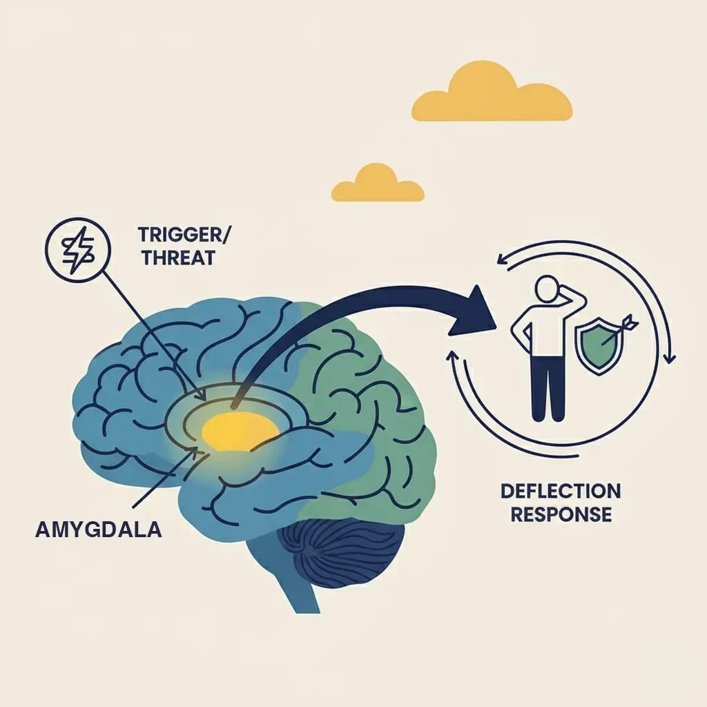 Brain diagram showing amygdala's role in deflecting as automatic psychological defence response