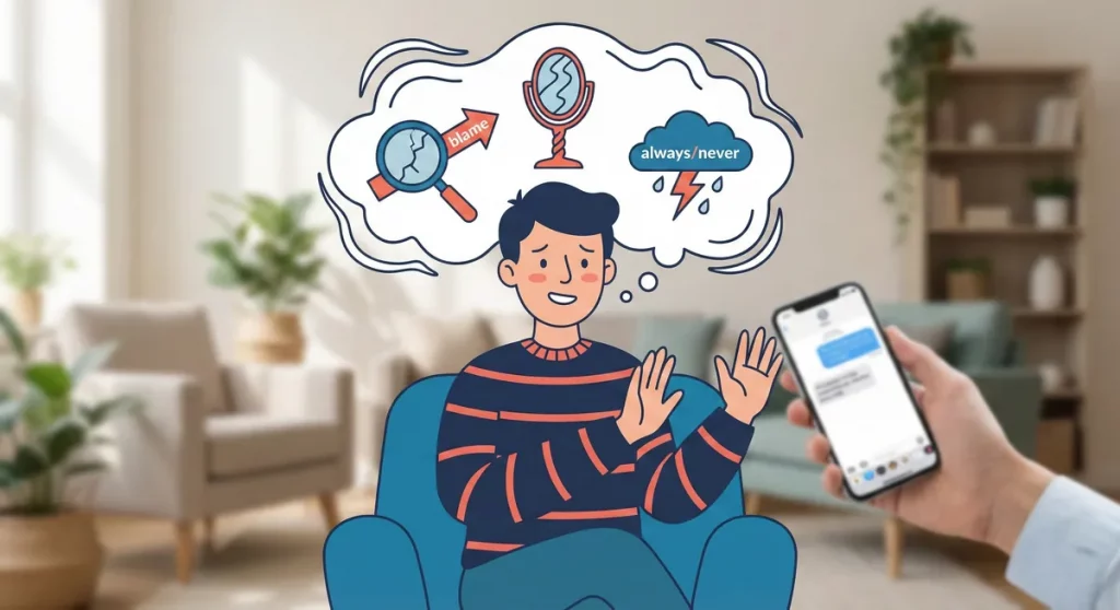 Illustration of cognitive distortions that fuel deflecting behaviour in relationships and communication