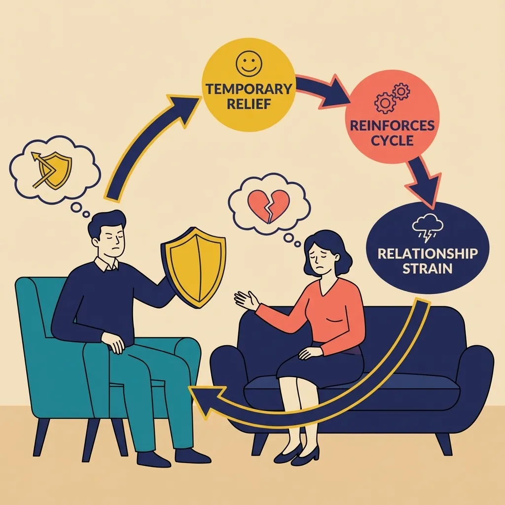 Conceptual illustration showing how deflecting creates reinforcing cycle in relationships and wellbeing