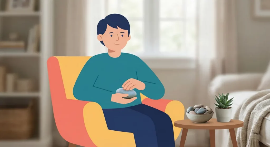 Calm illustration of grounding techniques to build distress tolerance and interrupt deflecting urges