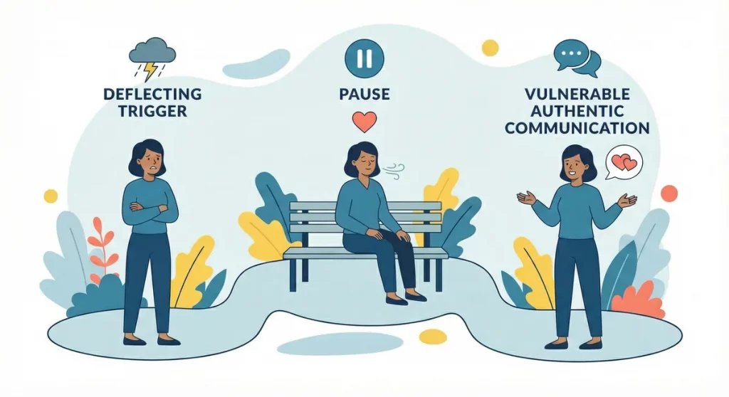 Illustration showing pathway from deflecting trigger to pause to vulnerable authentic communication response