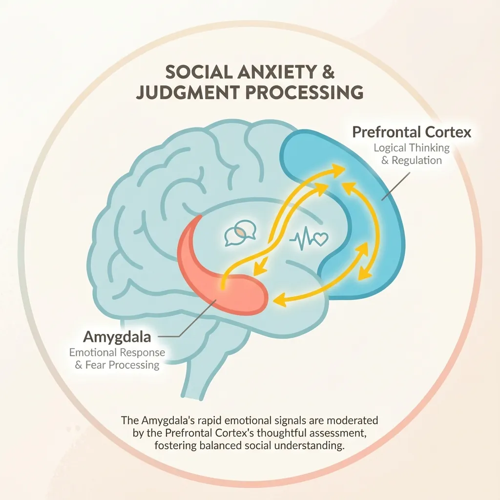 How To Not Care What People Think Psychology Guide Image 02 Brain diagram showing amygdala and prefrontal cortex role in social anxiety and fear of judgment