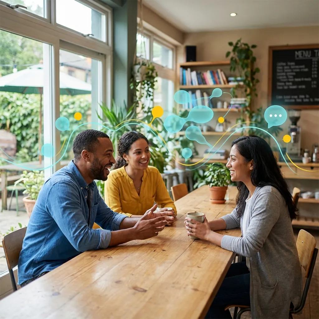 How To Not Care What People Think Psychology Guide Image 05 Illustration of confident social interaction showing healthy group conversation dynamics