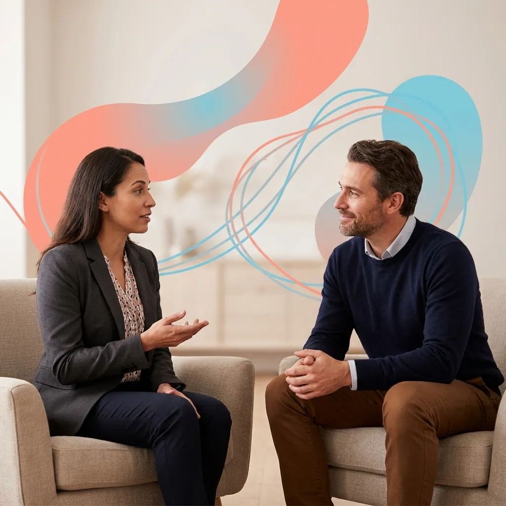 How To Not Care What People Think Psychology Guide Image 06 Illustration of supportive therapeutic conversation representing compassionate mental health care