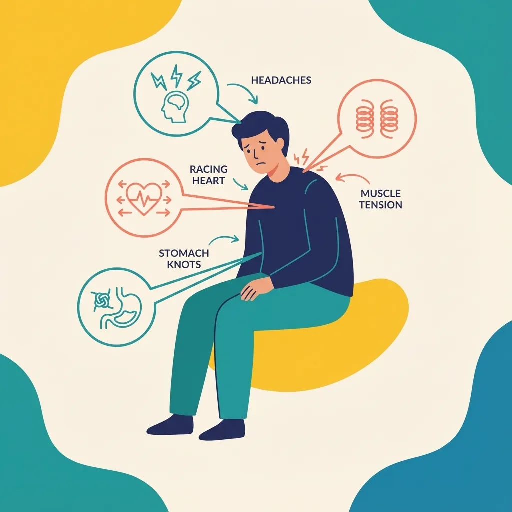 Physical Symptoms Stress Signs Ignore Image 01 Body illustration mapping common physical symptoms of stress to key areas of the body.