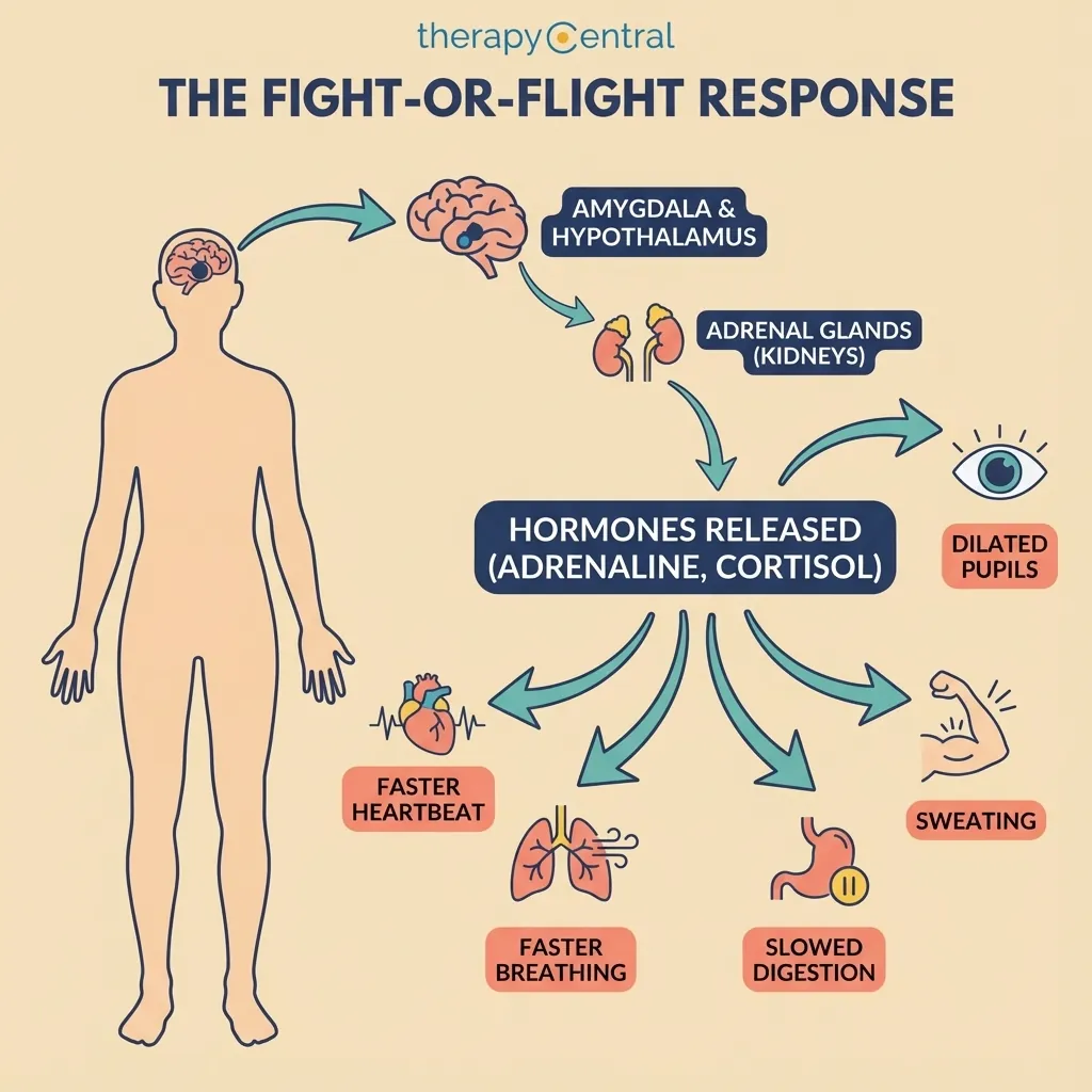 Physical Symptoms Stress Signs Ignore Image 02 Diagram showing how the fight-or-flight response creates physical symptoms of stress in the body through hormonal pathways