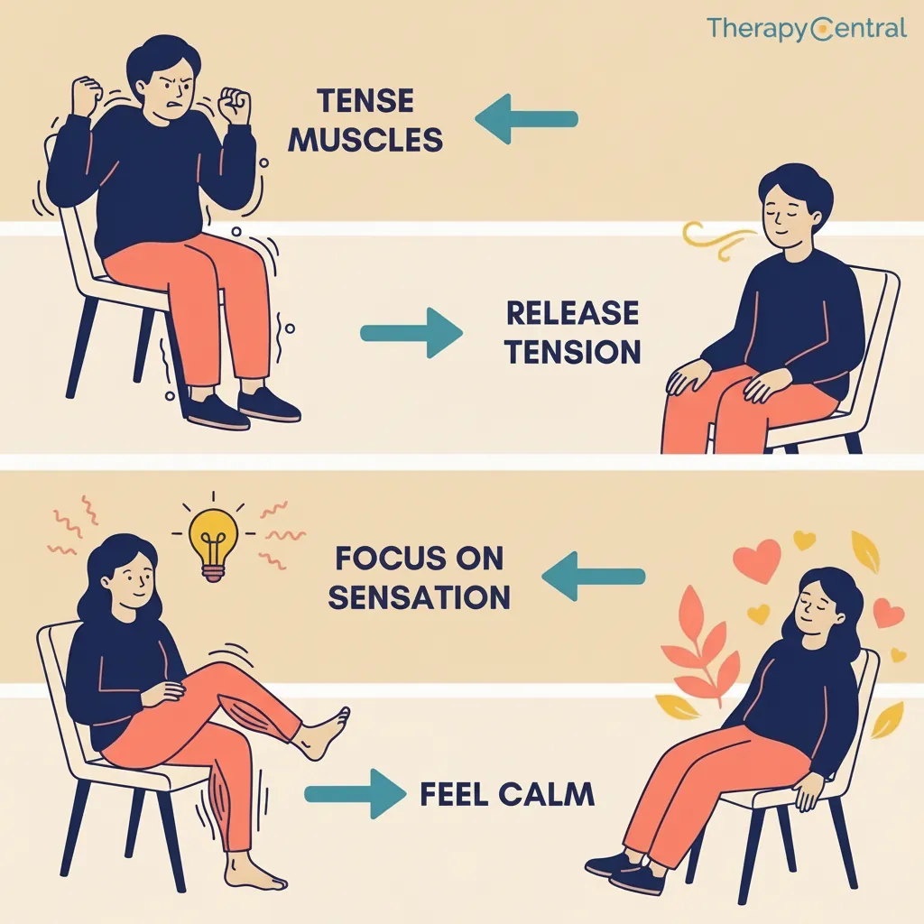 Physical Symptoms Stress Signs Ignore Image 07 Four-panel illustration showing progressive muscle relaxation technique steps for stress relief