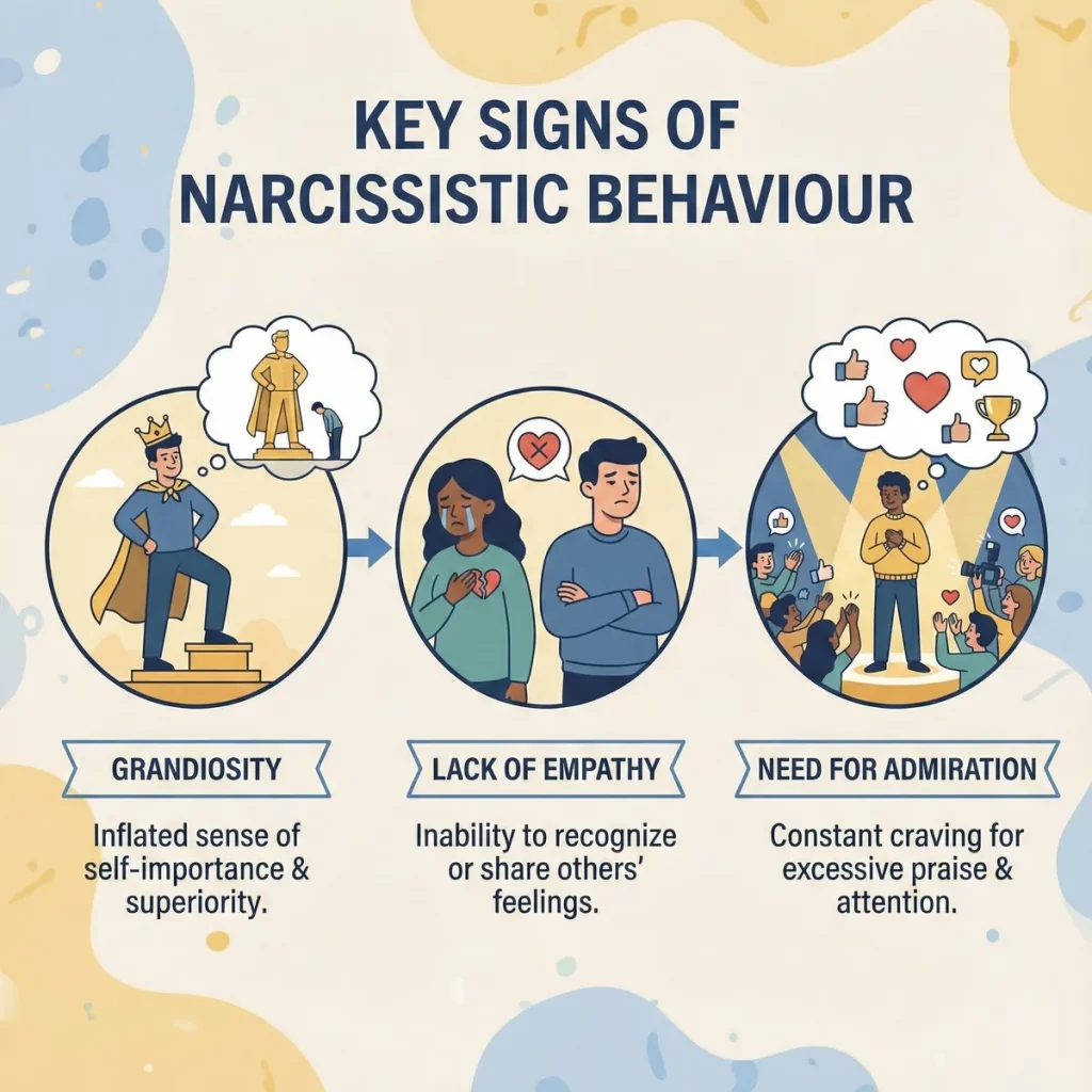 What Is Narcissist Signs Types Protecting Yourself Image 01 Infographic showing key signs of narcissistic behaviour including grandiosity lack of empathy and need for admiration
