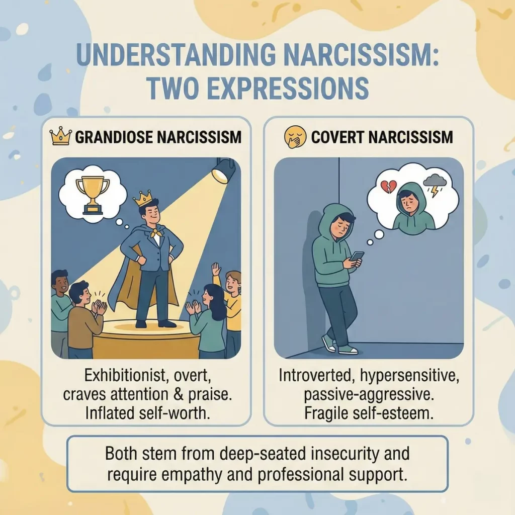 What Is Narcissist Signs Types Protecting Yourself Image 03 Comparison illustration showing differences between grandiose and covert narcissism personality types