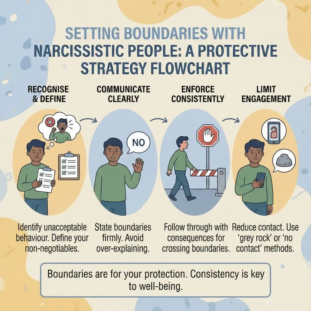 What Is Narcissist Signs Types Protecting Yourself Image 06 Step-by-step flowchart for setting boundaries with narcissistic people showing protective strategies