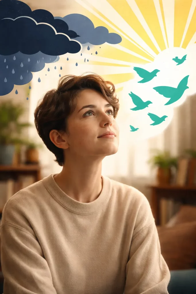 Self Pity Meaning Causes How To Overcome Image 01 Illustration showing person shifting from self-pity to hopeful mindset with light breaking through clouds