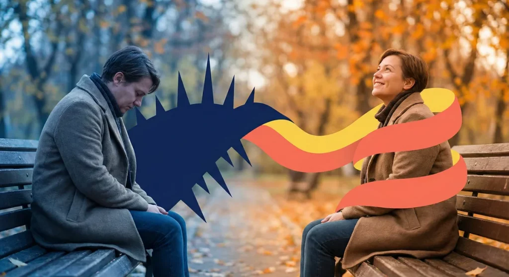 Self Pity Meaning Causes How To Overcome Image 03 Illustration contrasting self-pity (person stuck) with self-compassion (person accepting help)