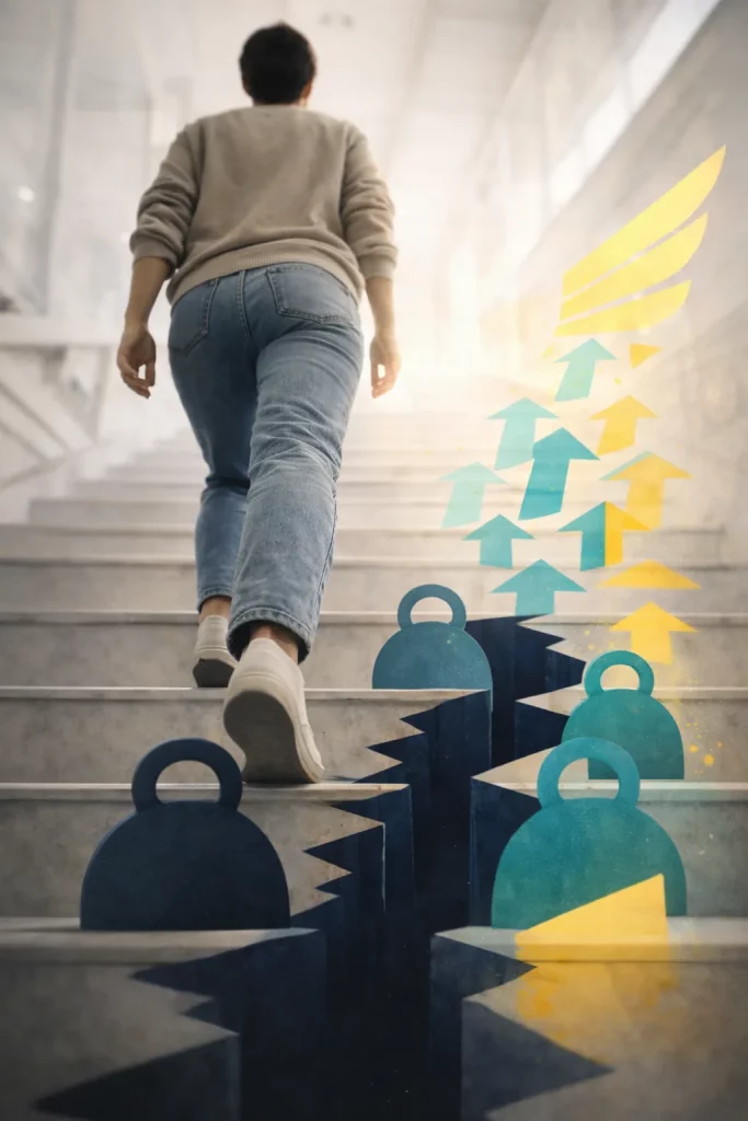 Self Pity Meaning Causes How To Overcome Image 06 Illustration of person climbing steps representing journey from self-pity to empowerment