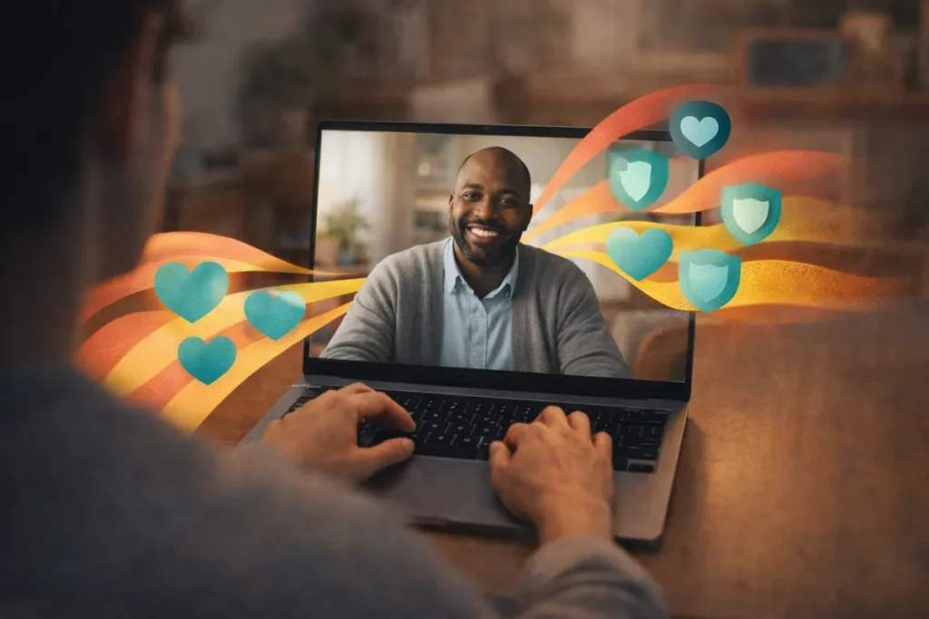 Self Pity Meaning Causes How To Overcome Image 07 Illustration of person in supportive therapy conversation via laptop