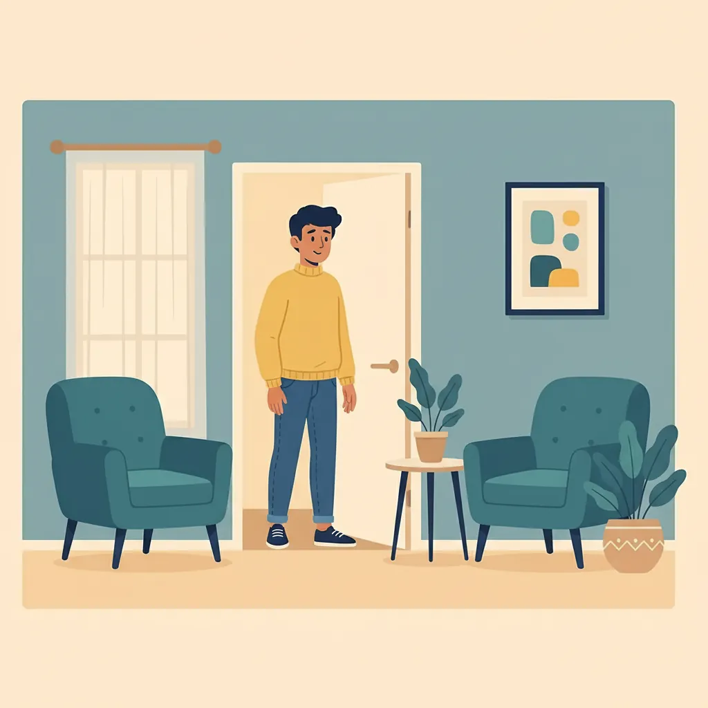 First Therapy Session Guide Image 01 Vector illustration showing the beginning of a therapeutic journey with welcoming atmosphere