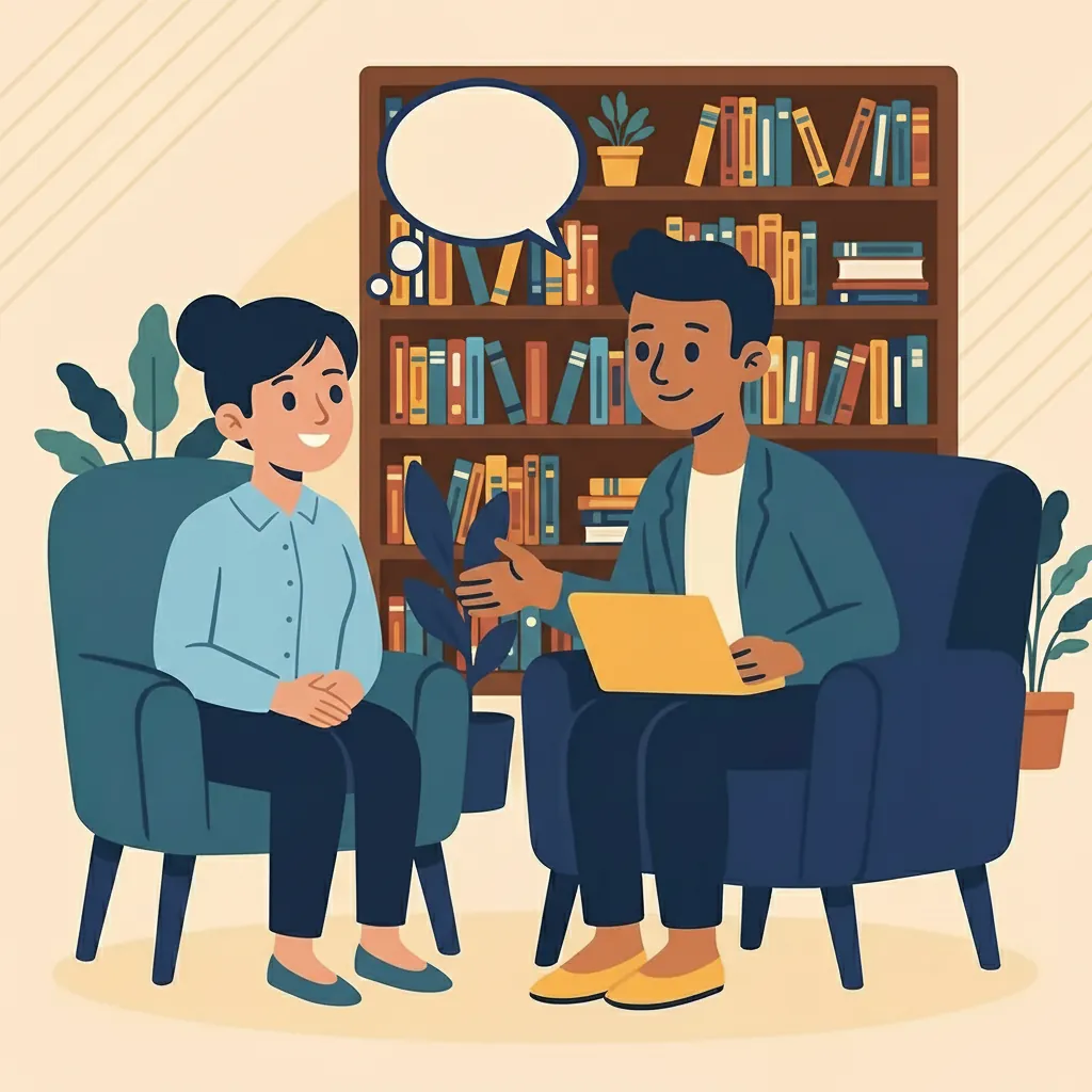 First Therapy Session Guide Image 02 Vector illustration of thoughtful preparation with checklist and self-reflection elements