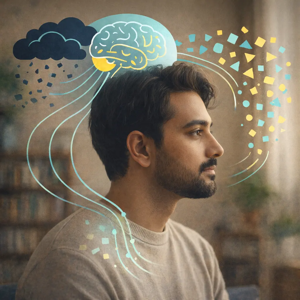 Managing Health Anxiety Treatment Recovery Image 01 Person with calm expression, brain and body highlighted, showing healthy awareness vs anxious mind patterns