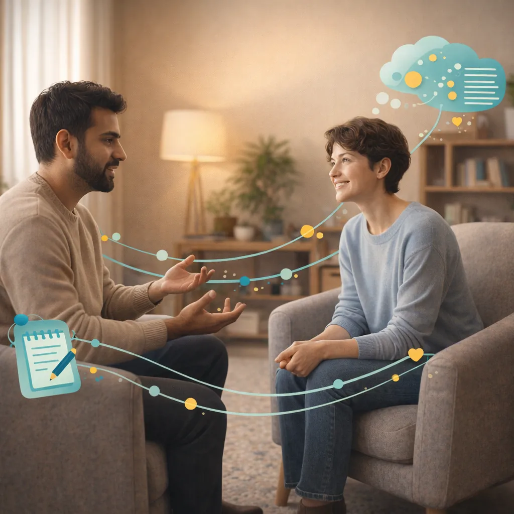 Managing Health Anxiety Treatment Recovery Image 02 Supportive therapy session with therapist and client, showing collaborative treatment approach in comfortable, professional setting