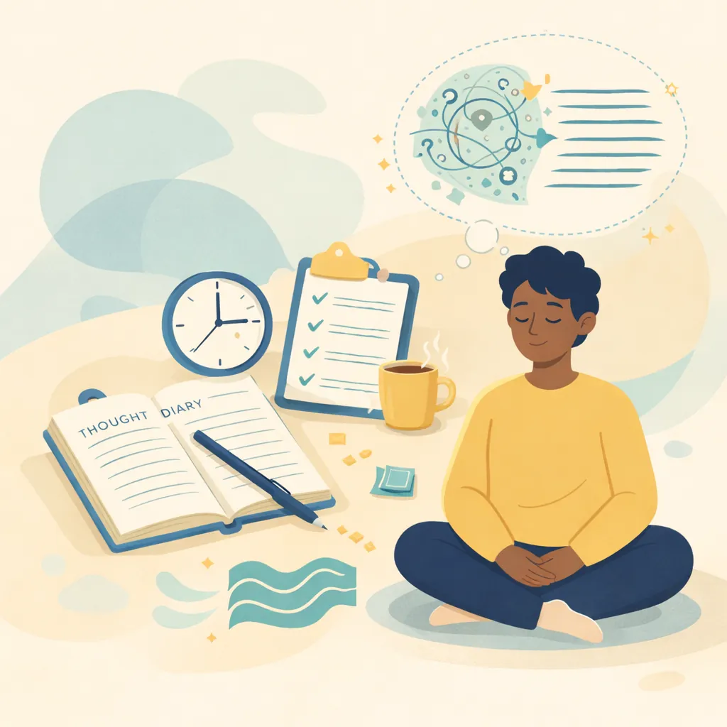 Managing Health Anxiety Treatment Recovery Image 03 Visual representation of CBT tools including thought diary, mindfulness techniques, and coping strategies arranged as helpful resources