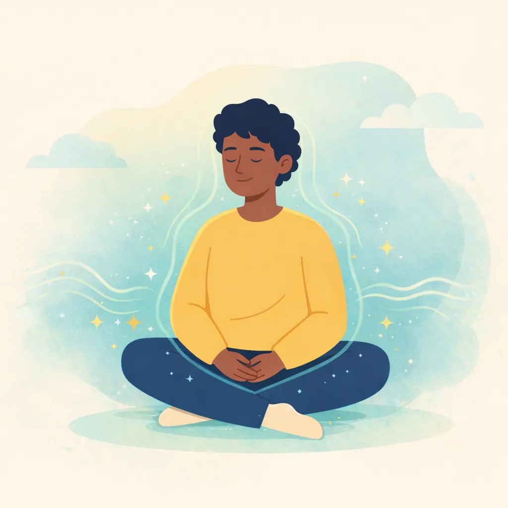 Managing Health Anxiety Treatment Recovery Image 05 Peaceful figure showing healthy body awareness, representing calm acceptance of physical sensations without anxiety