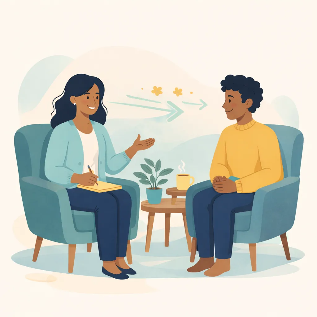 Managing Health Anxiety Treatment Recovery Image 06 Professional consultation setting showing supportive therapeutic relationship and taking positive action towards recovery