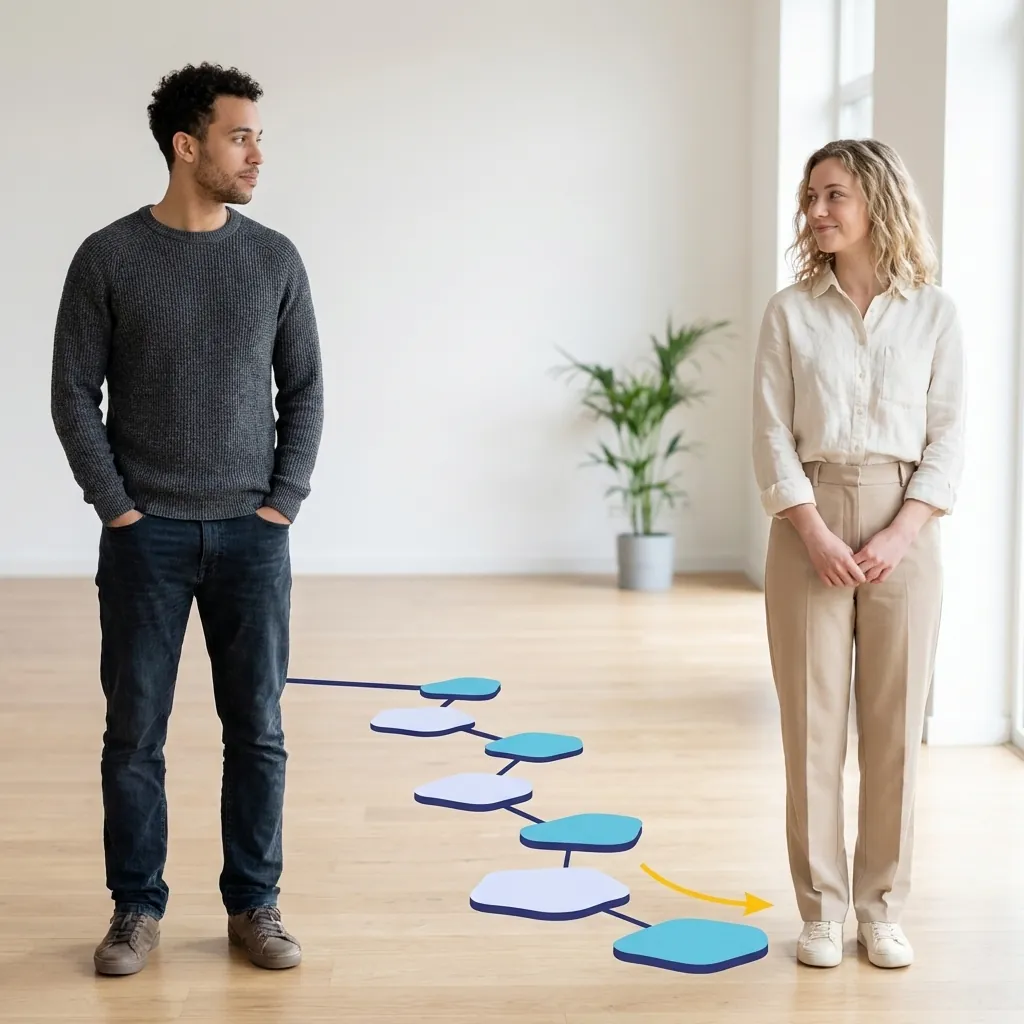 Avoidant Attachment In Relationships Image 01 Two stylised figures on stepping stones bridging a small gap to show gradual emotional closeness.