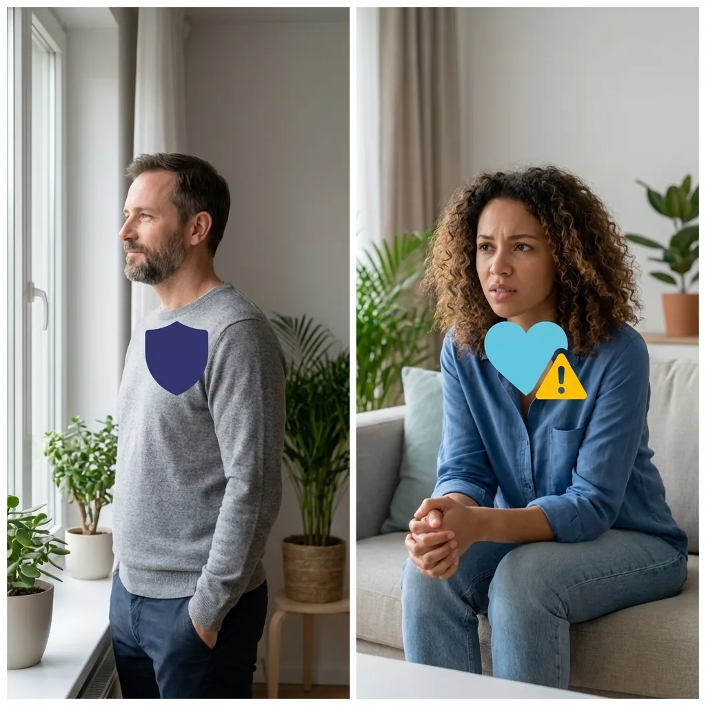 Avoidant Attachment In Relationships Image 02 Split illustration contrasting dismissive avoidant distance with fearful avoidant push‑pull tension.