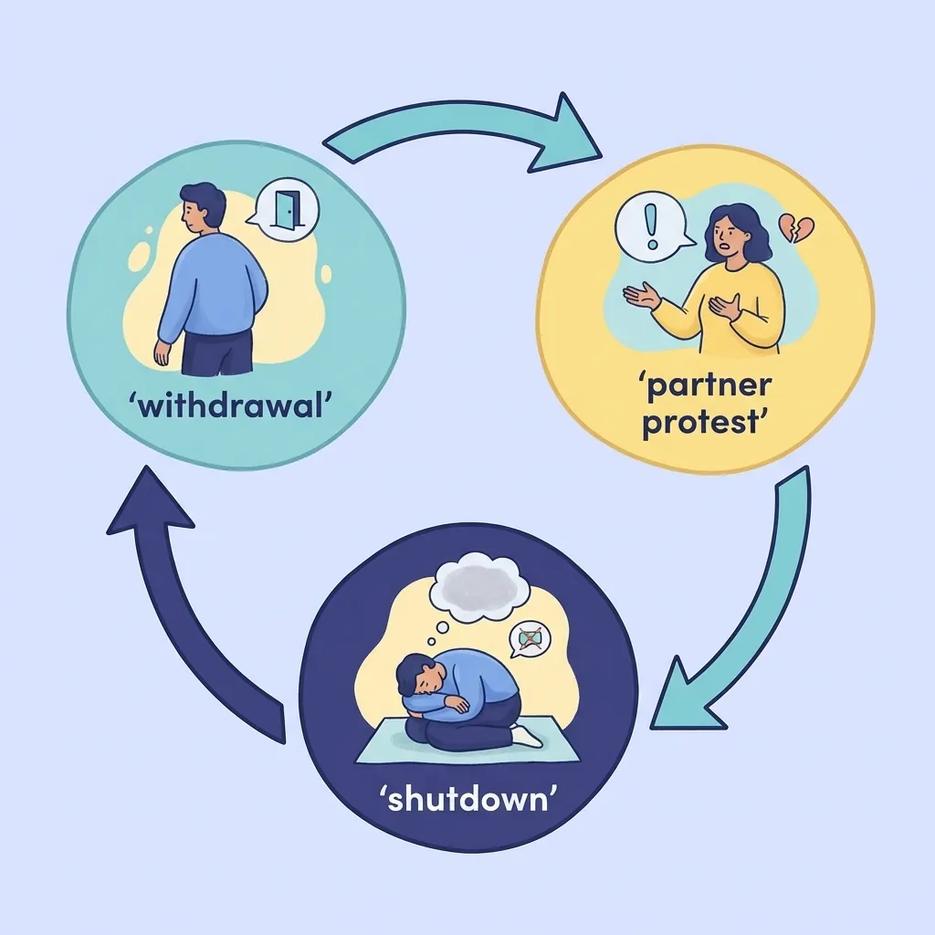 Avoidant Attachment In Relationships Image 03 Circular cycle showing withdrawal, partner protest, and shutdown in an anxious‑avoidant loop.