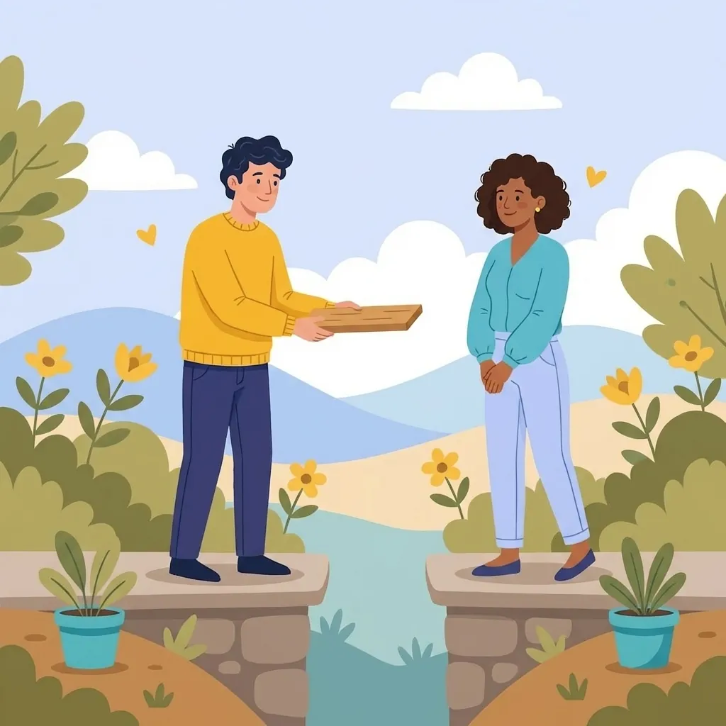 Avoidant Attachment In Relationships Image 06 Two stylised figures offering a small bridge plank to show supportive connection with boundaries.