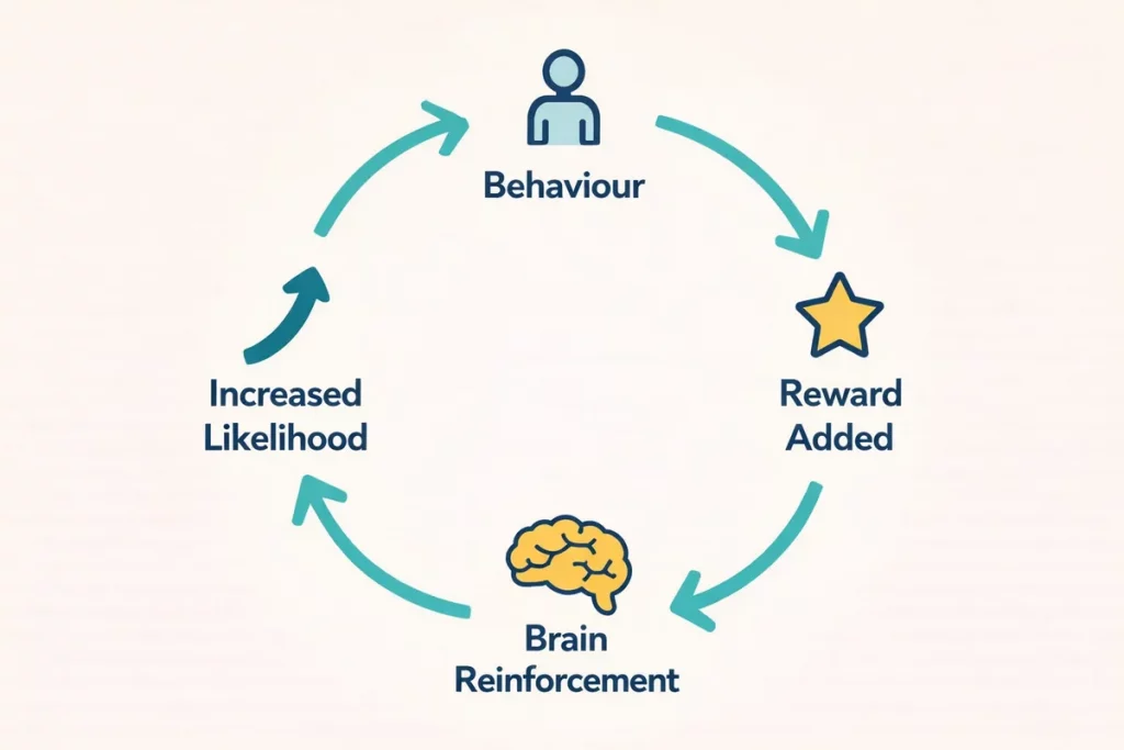 Positive Reinforcement Definition Examples Image 01 Circular diagram showing positive reinforcement cycle: behaviour, reward, brain activation, repetition