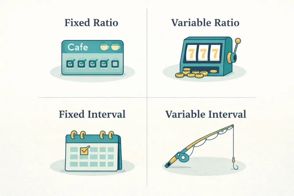 Positive Reinforcement Definition Examples Image 04 Comparison chart of four reinforcement schedules: fixed ratio, variable ratio, fixed interval, variable interval