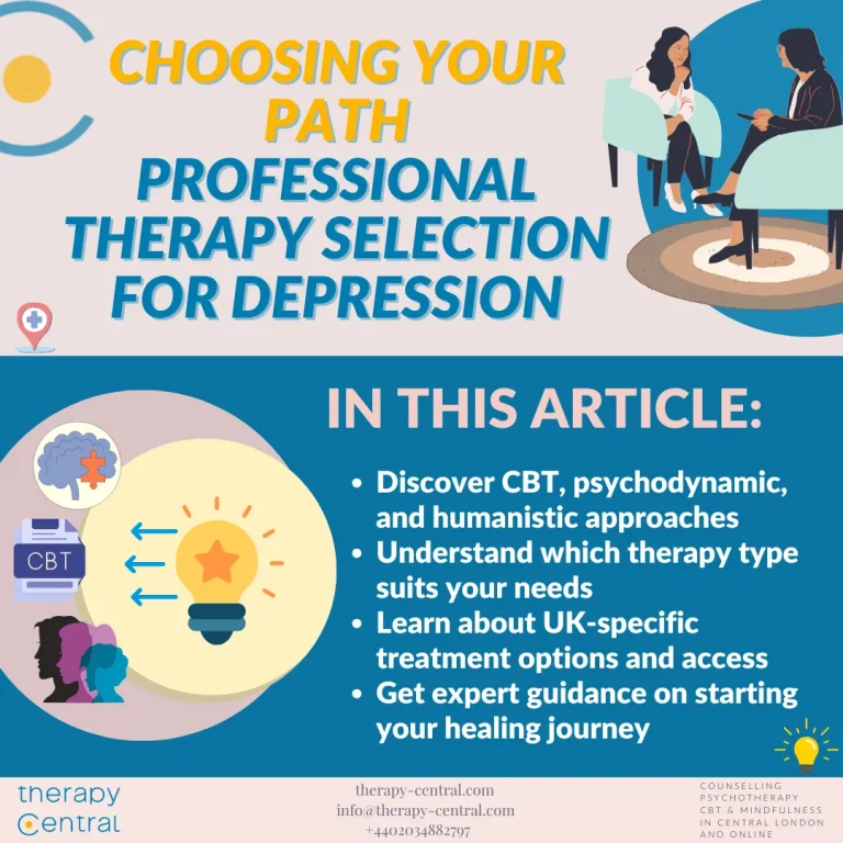 Professional therapist consulting with client about different types of therapy for depression, showing expert guidance in therapy selection process within a modern UK therapy practice setting