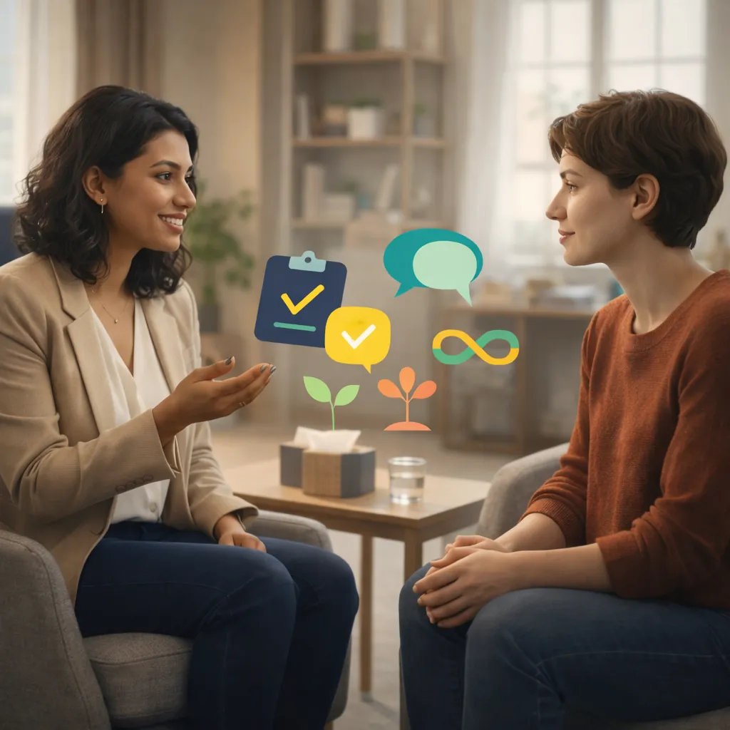 Types Therapy Depression Uk Guide Image 01 Professional therapist explaining different types of therapy for depression to a client in a welcoming consultation room