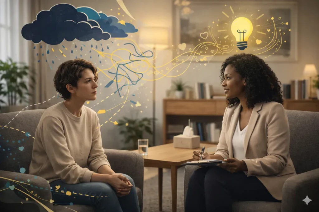 Types Therapy Depression Uk Guide Image 07 Initial therapy consultation showing comfortable, professional setting for beginning depression treatment