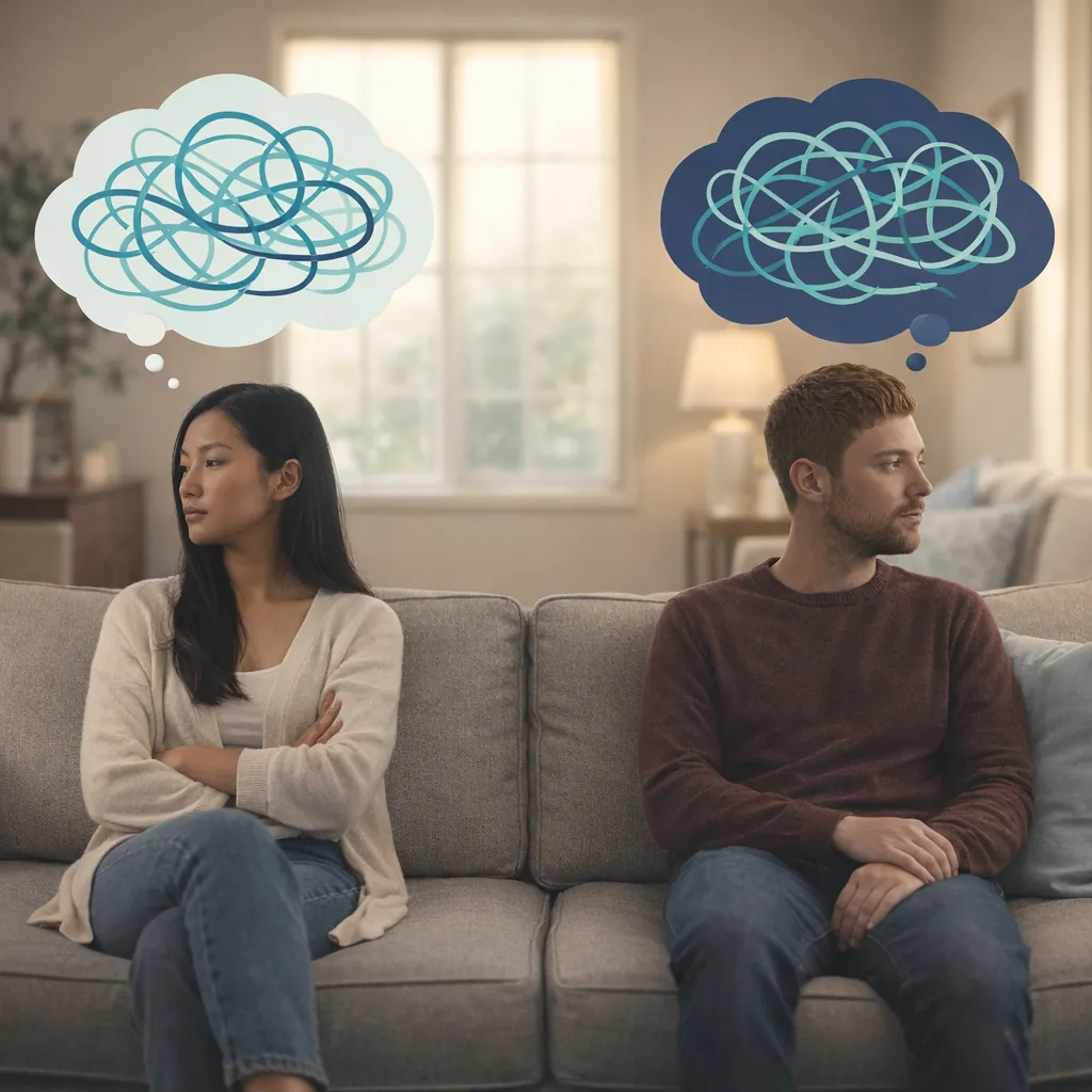 Why Is My Wife Always Angry Understanding Chronic Anger Marriage Image 01 Couple sitting apart on sofa with tangled thought bubbles representing chronic anger and emotional distance