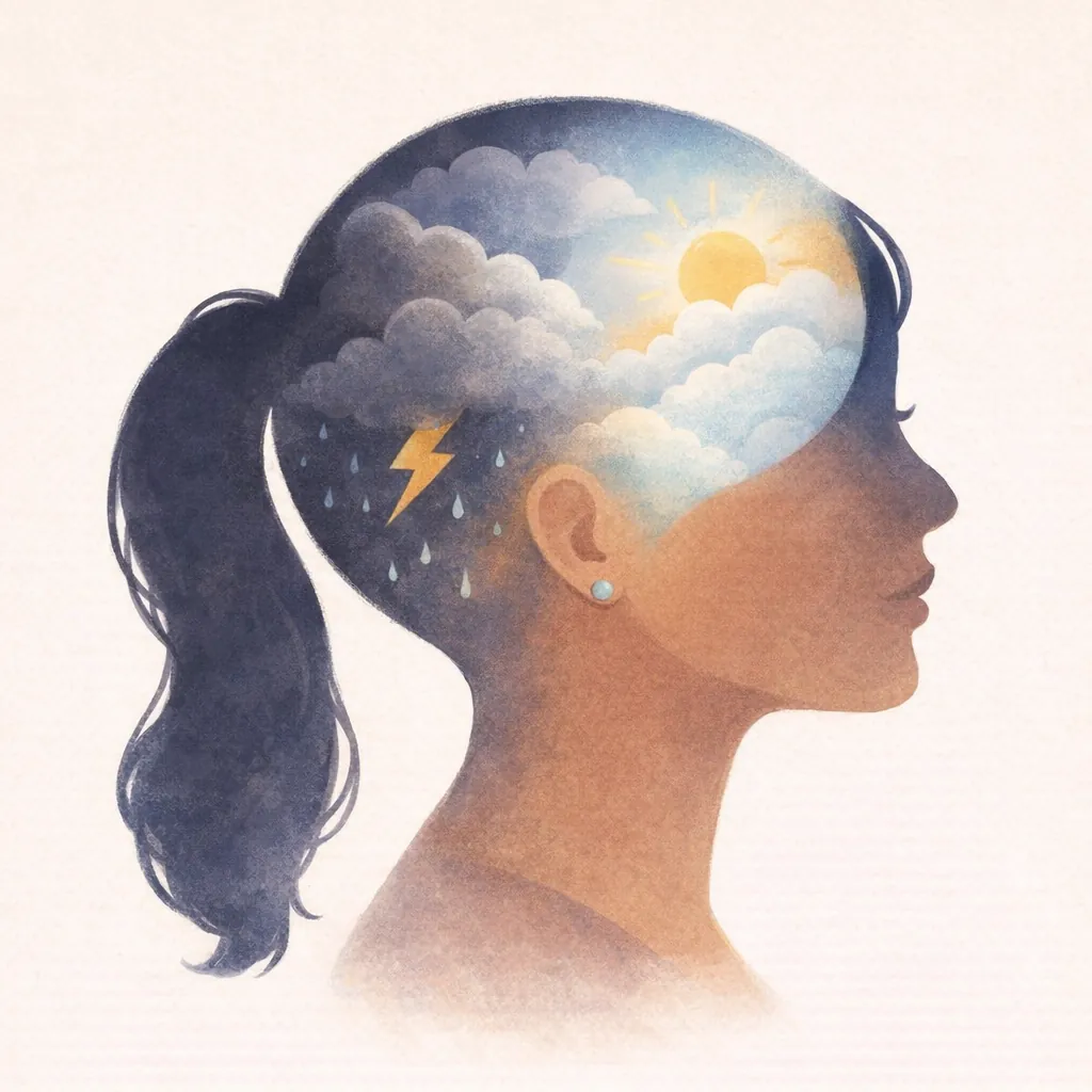 Why Is My Wife Always Angry Understanding Chronic Anger Marriage Image 02 Woman's head silhouette with stormy weather transitioning to calm elements showing emotional regulation