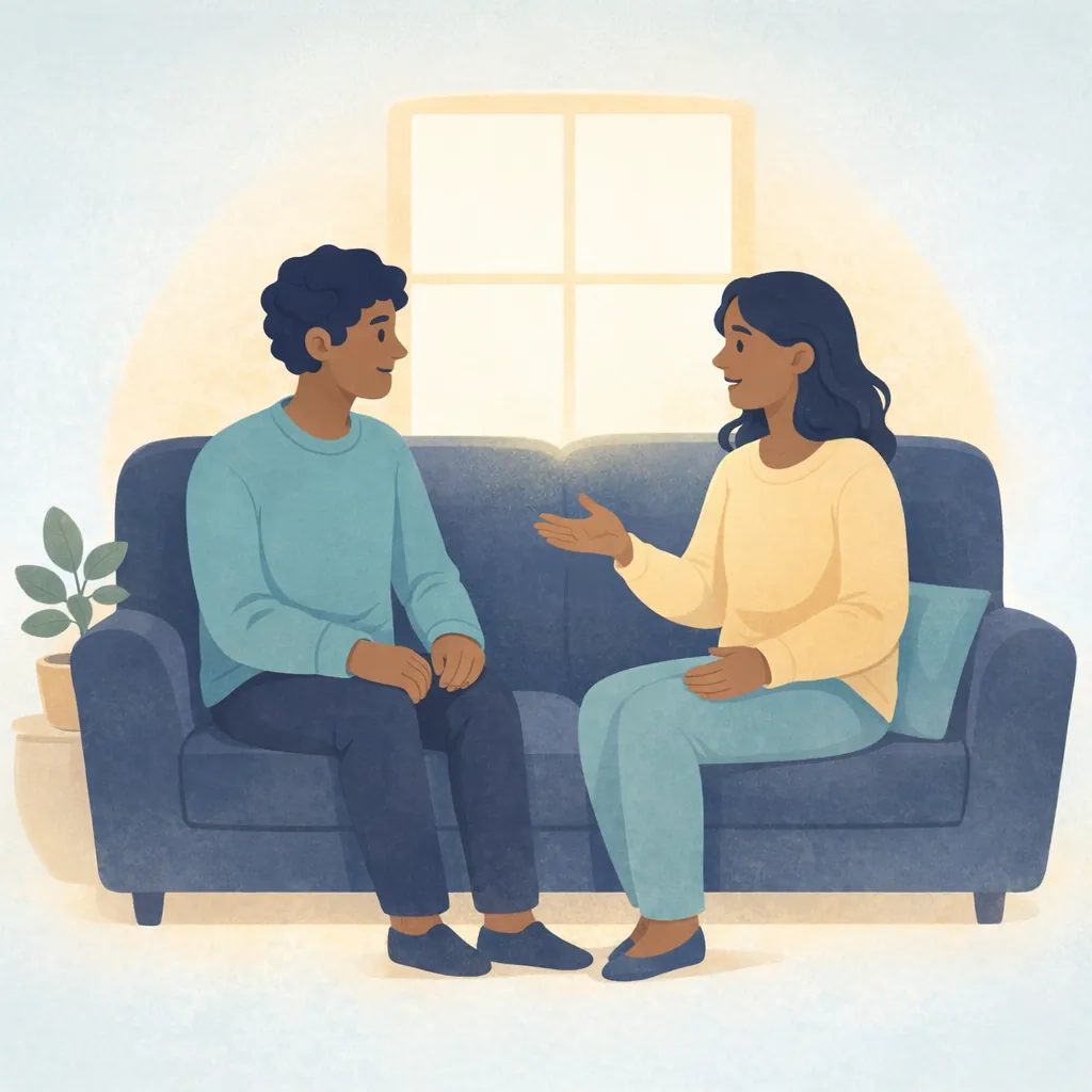 Why Is My Wife Always Angry Understanding Chronic Anger Marriage Image 08 Illustration of two people in calm supportive conversation representing therapy and relationship healing