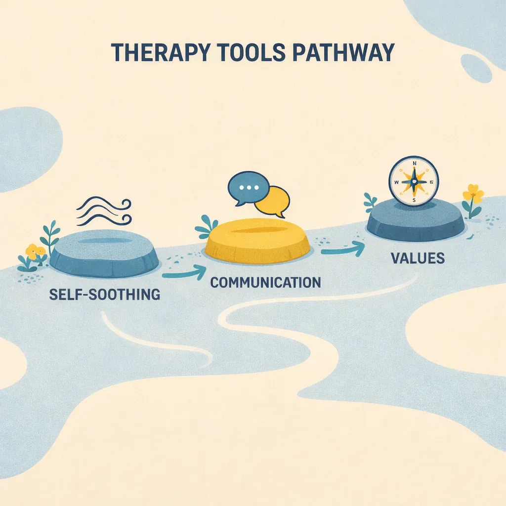 Anxious Attachment In Relationships Image 04 A gentle path with three stepping stones and a small sprout, symbolising therapy tools.
