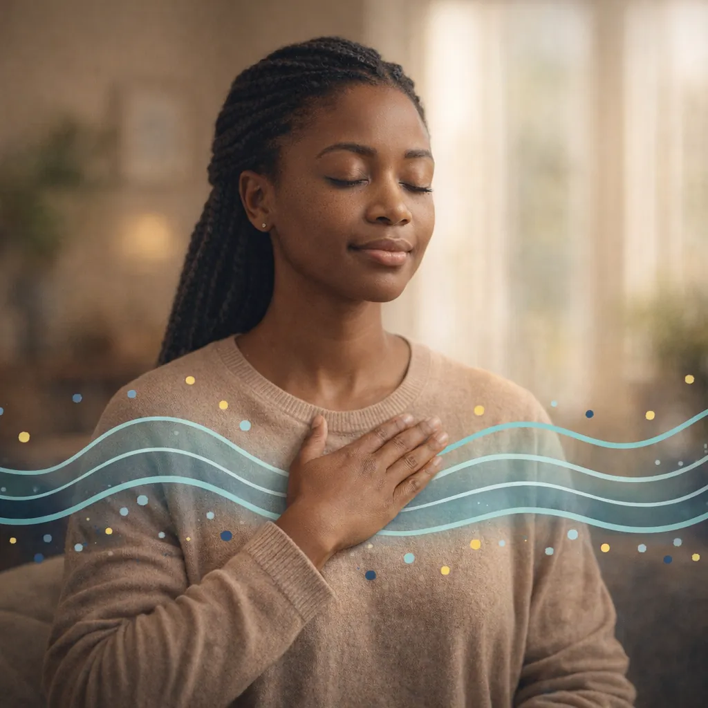 Anxious Attachment In Relationships Image 05 A calm figure with a hand on the chest and breathing waves, symbolising self‑soothing.