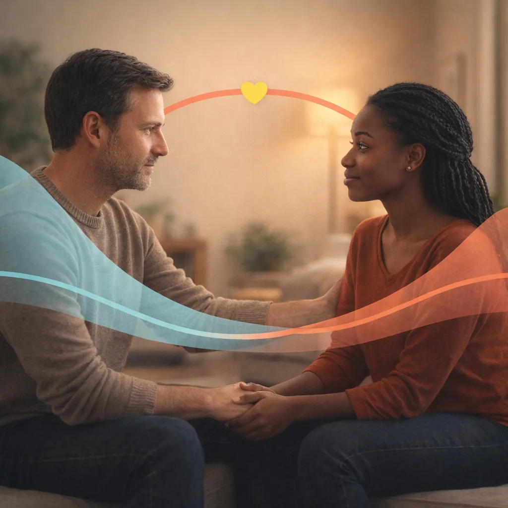 Anxious Attachment In Relationships Image 06 Two calm figures with a soft boundary line between them, showing healthy closeness.