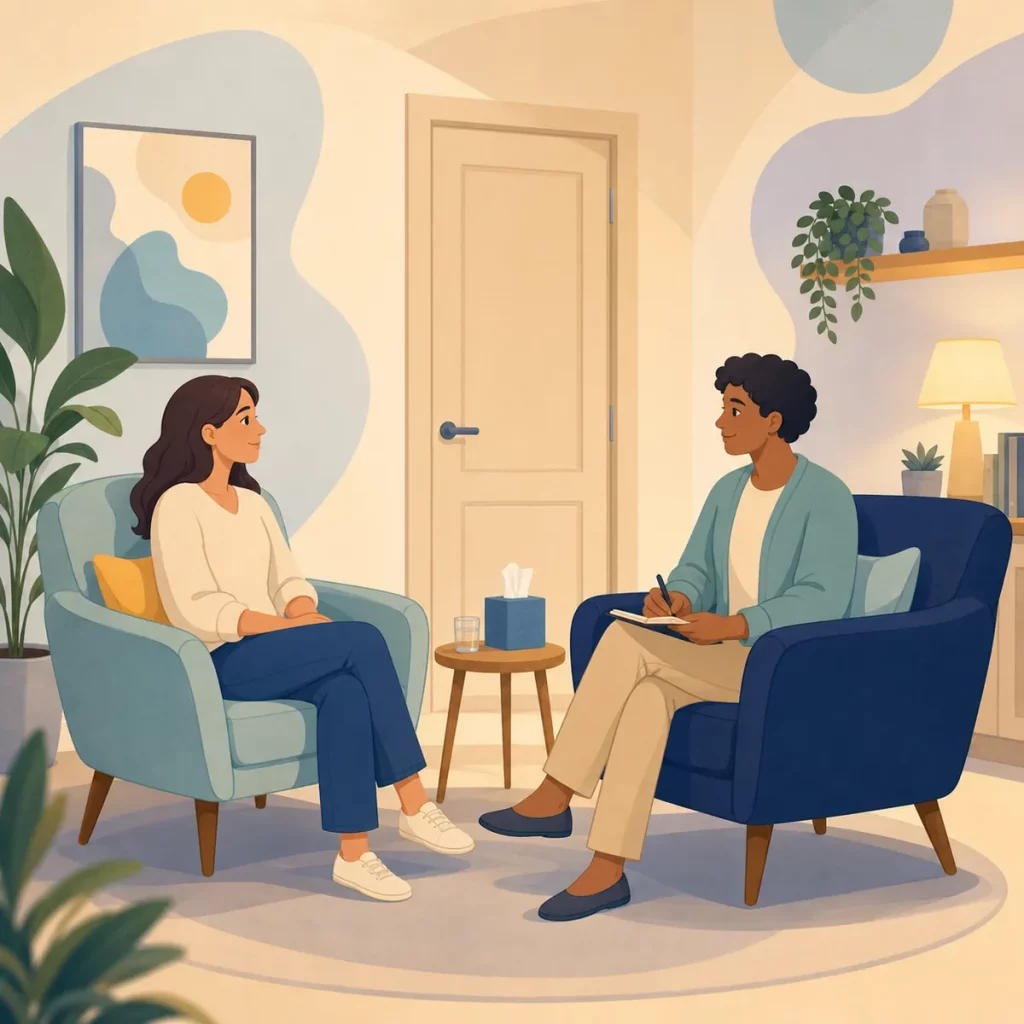 Client Confidentiality In Counselling Image 01 A therapist and client seated in a calm counselling room.