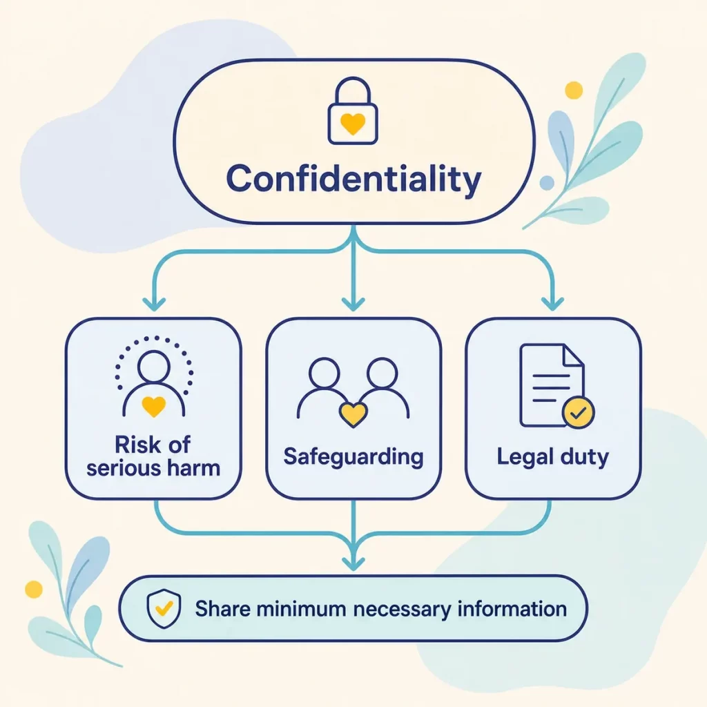 Client Confidentiality In Counselling Image 03 A simple flow diagram showing confidentiality with exceptions for risk, safeguarding, and legal duty.