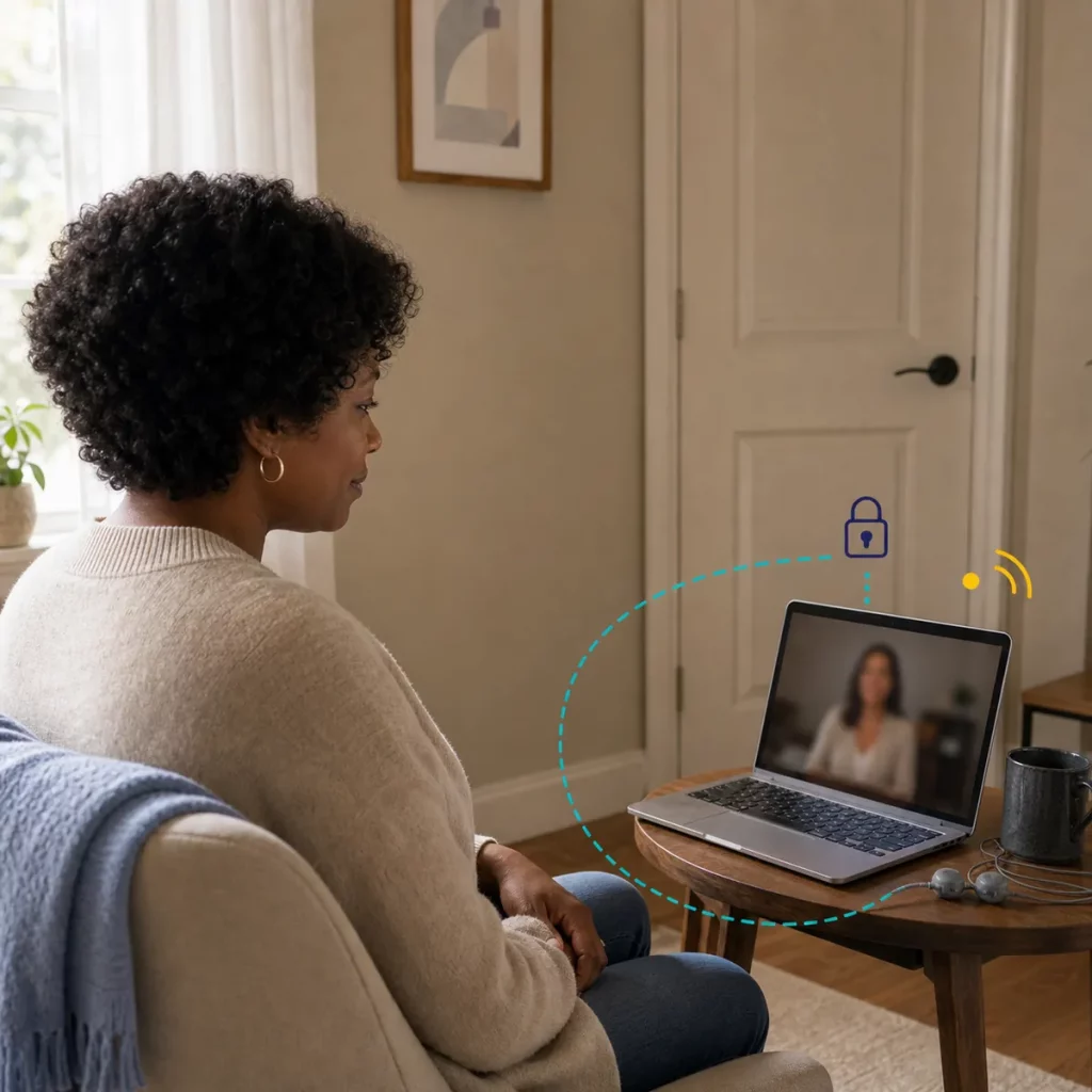 Client Confidentiality In Counselling Image 05 A laptop with a video call window and a lock symbol showing privacy.